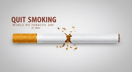 AI image promoting World No Tobacco Day: "Quit Smoking" text above realistic illustration of cigarette breaking apart on grey background.