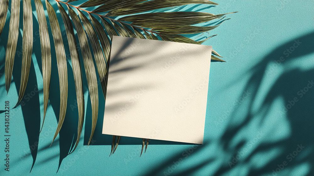 Aufkleber cream card on teal background, adorned with palm leaf and its shadow, creating a summery, tropical m