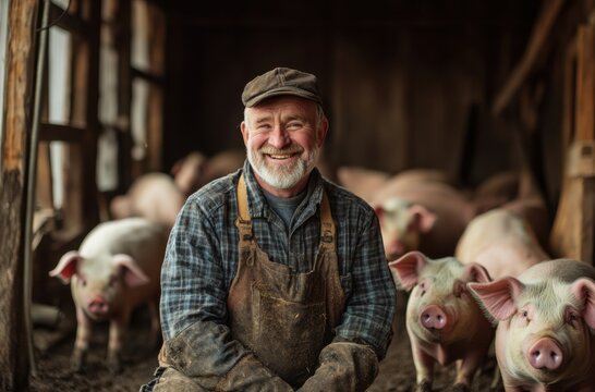 Rustic portrait of a cheerful pig farmer embracing