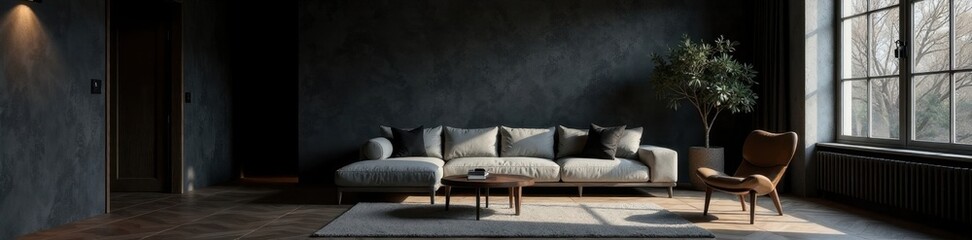 Deep shadows engulf a stark black wall in a dimly lit living room , atmosphere, space