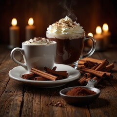 Hot chocolate with whipped cream and cinnamon on rustic wooden table with burning candles. Warm and cozy winter drink scene.