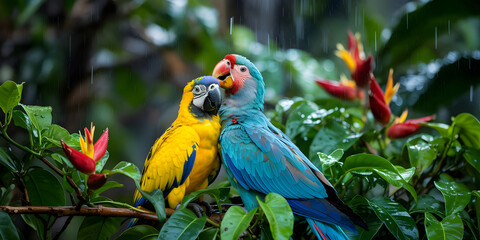 Obraz premium Colorful tropical macaws, including blue and yellow, red and yellow, and blue and gold varieties, are beautiful parrot birds often seen in wildlife
