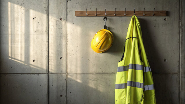 safety comes first - Realistic image of a yellow hard hat and reflective vest hanging on a hook against a concrete wall, featuring soft lighting and minimal industrial style.
