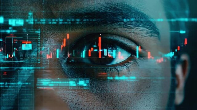 Extreme close-up investor eye tiny stock chart candlesticks, biometric wristband heartbeat glow, heatmap overlays eye tech, finance, retail sectors, soft volumetric lighting, cinematic micro lens
