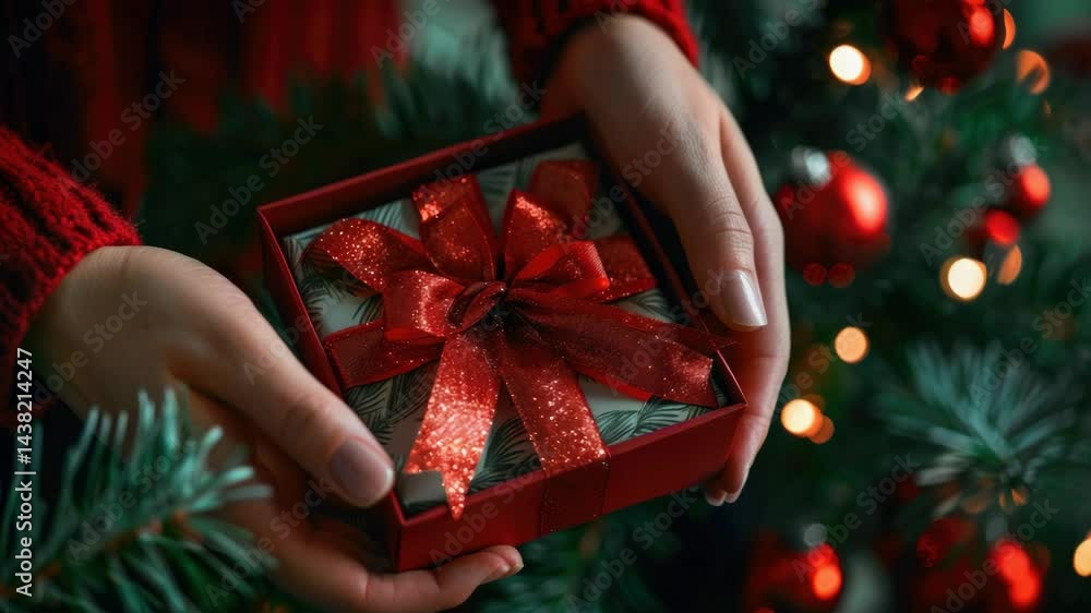 Poster a person is holding a red box with a red ribbon on it. the box is placed on a christmas tree