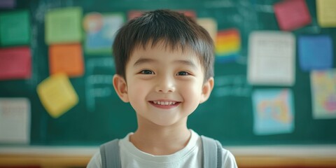 A young child with short hair, wearing a school uniform, stands confidently in front of a classroom board and bulletin papers, smiling at the camera.