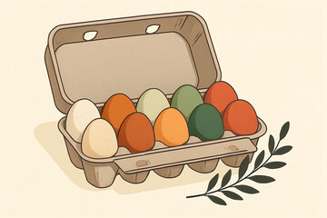Colorful farm eggs in carton box with branch decoration