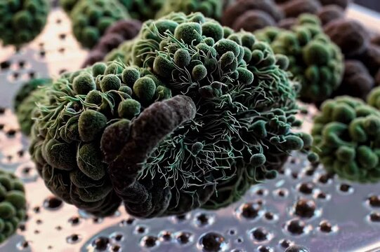 The background is made up of mold, with a macro shot showcasing its intricate details, including mold spores in agar-agar, which is a type of fungus that grows in multicellular filaments, commonly