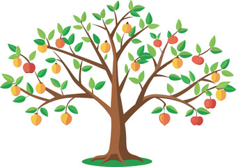 Obraz premium A vibrant vector art illustration of a pruned fruit tree, showcasing neatly trimmed branches with colorful, ripe fruits in a lively style.