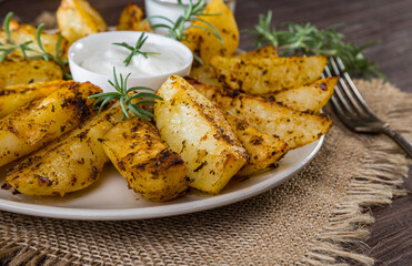 Baked new potatoes with spices and creamy sauce in a plate on a wooden table