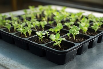 Seedling Tray with Young Green Plants on Surface Cultivating Growth for Future Harvests