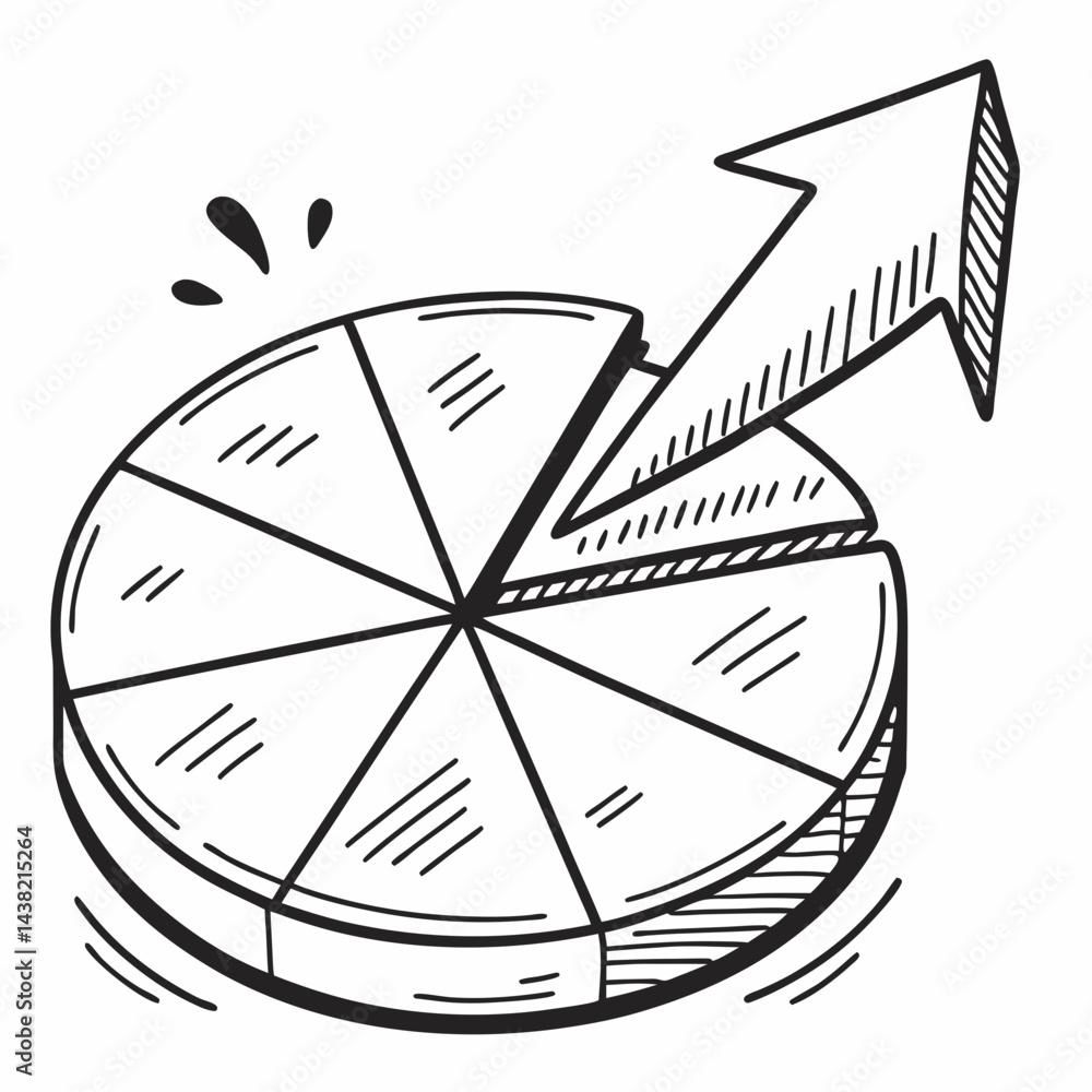 Poster hand drawn pie chart with upward arrow showing growth and progress