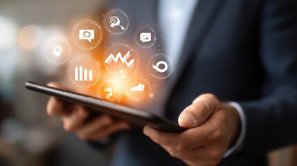 Businessman Holding Tablet with Graphs for Marketing Campaign Insights