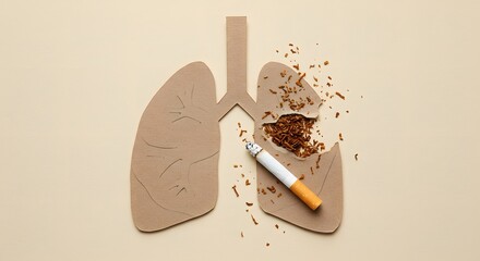 AI image conceptual art: paper cutout lungs torn open revealing tobacco inside, with burning cigarette causing damage, beige background