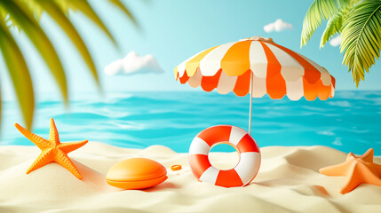 Retro beach items in 3D style with umbrella and ring