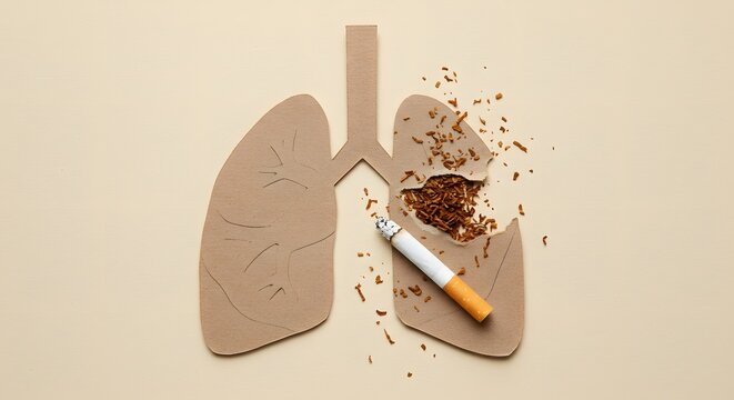 AI image conceptual art: paper cutout lungs torn open revealing tobacco inside, with burning cigarette causing damage, beige background
