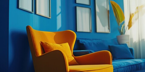 The image showcases a vibrant living room with blue walls that create a bold backdrop. A yellow armchair is centrally placed in the room, adding a pop of color to the space. The room features a large