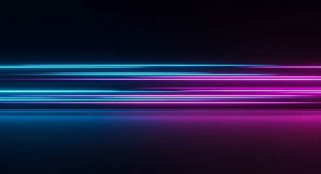 AI image abstract background featuring vibrant horizontal blue and pink neon light streaks moving rapidly across dark, reflective surface.