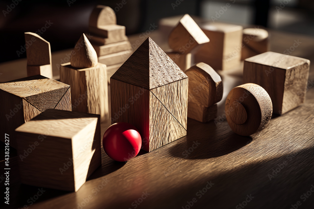Poster wooden geometric shapes and a red sphere arranged on a dark wooden surface, illuminated by sunlight,