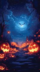 Halloween Scene with Glowing Pumpkin Faces.