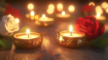 Romantic Candles with Red and White Roses Surrounded by Greenery