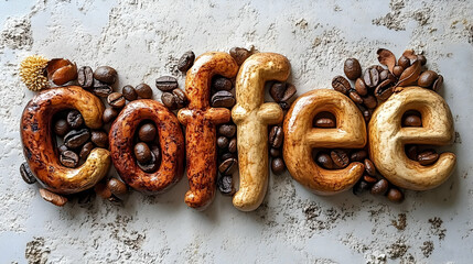 Coffee Beans Arranged as Word Coffee on Grey Background