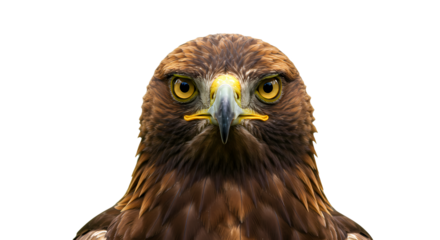 Majestic golden eagle portrait with piercing gaze. Striking detailed shot of an avian predator showing focus and intensity against dark backdrop.
