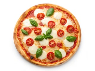 Italian food, A delicious pizza topped with fresh mozzarella, tomatoes, and basil, showcasing a classic Italian dish.