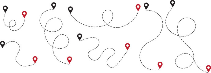 Route location icon, two pin sign and dotted line road, start and end journey symbol, black And Red color vector illustration . 