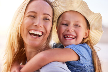 Fototapeta premium Beach, piggy back and mom with girl on holiday, vacation and adventure together. Happy family, playing and child with mother by ocean for bonding, loving relationship and fun outdoors in Australia