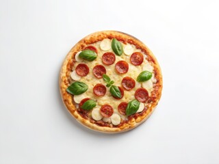 Italian food, Delicious pizza topped with pepperoni, cheese, and fresh basil on a light background, perfect for food lovers.