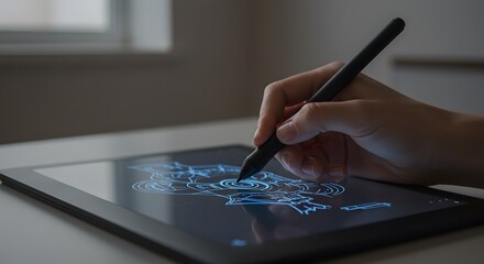 AI image hand using a stylus to create a detailed blue digital drawing or schematic on a graphics tablet screen.