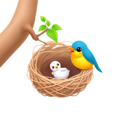 birds in nest on transparent background 