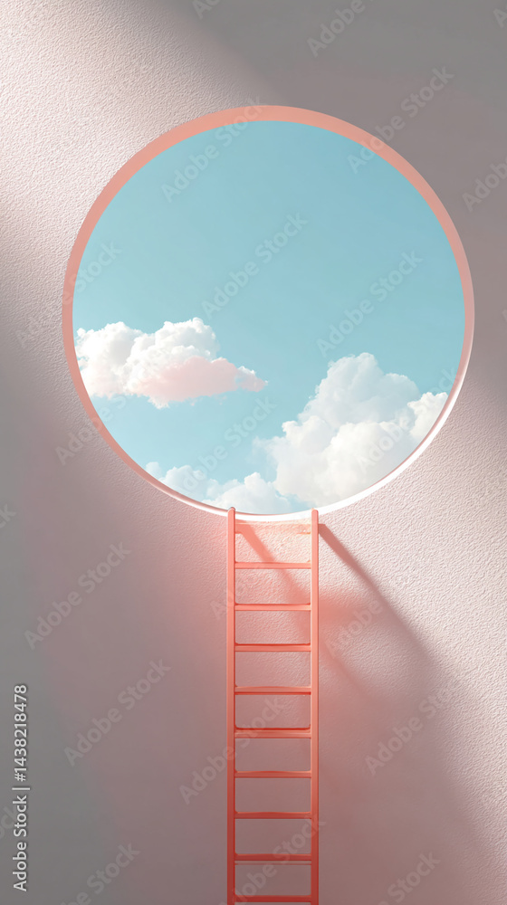 Poster circular window showcasing a blue sky and clouds, ladder leading towards it, symbolizing aspiration,