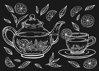 Tea set with healthy green tea, lemon slices, tea leaves. Teapot and cup. Hand drawn