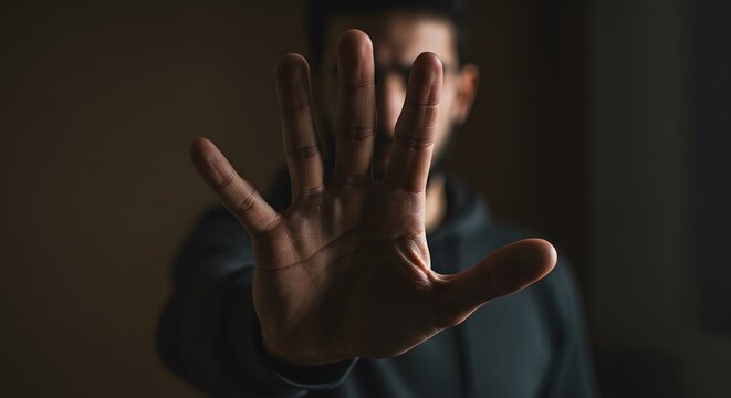 AI image featuring a man in a hoodie showing stop hand gesture towards camera, palm facing forward, blurred dark background.