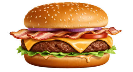 A delicious, towering burger featuring layers of crisp bacon, juicy tomato, melted cheese, and fresh lettuce, all nestled between sesame seed bun.