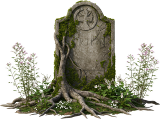 Ancient Weathered Gravestone with Moss Roots and Flowers RIP
