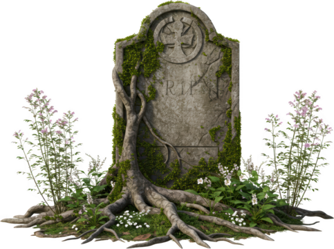 Ancient Weathered Gravestone with Moss Roots and Flowers RIP