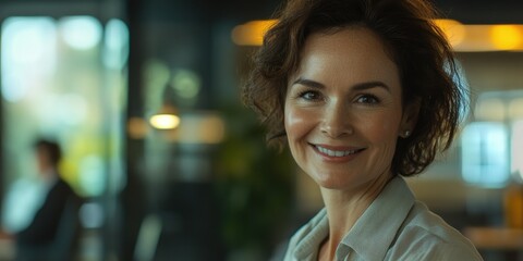 Obraz premium Woman standing against wall with office setting, smiling warmly.