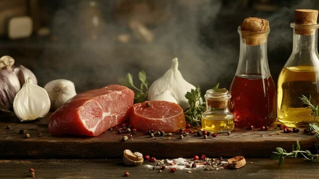 A variety of cured meats, garlic and spices on a wooden surface.