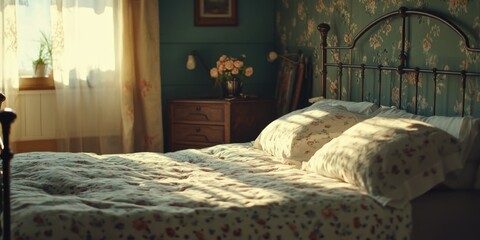 This image depicts a serene bedroom setting with a large, comfortable bed at the center of the scene. The room is adorned with floral wallpaper that adds a touch of vintage charm. A bedside table with