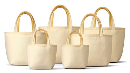 Naklejka premium Array of plain tote bags, various sizes, light background, rounded tops, simple design, neutral colors