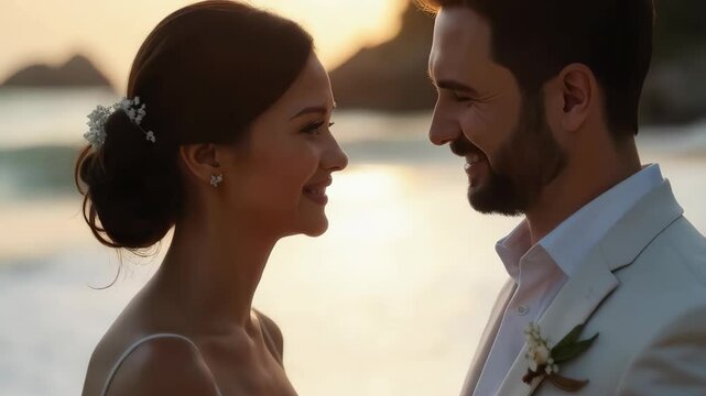Couple at a beach ceremony. Groom and Bride anniversary concept.