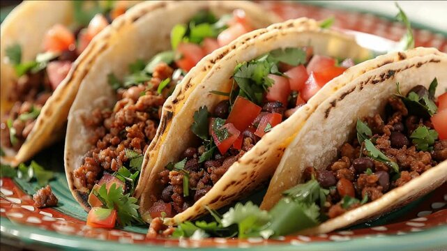 A plate of four tacos with meat, beans, and tomatoes. The tacos are topped with cilantro and tomatoes
