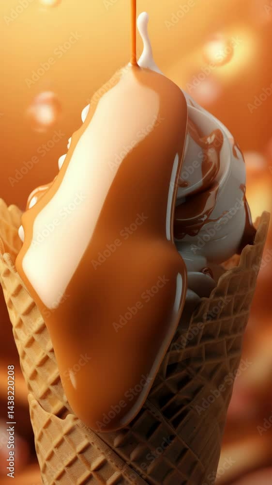 Poster a scoop of ice cream in a waffle cone with a drizzle of caramel sauce. concept of indulgence and enj