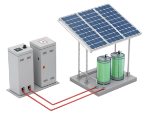 Solar panel setup connected to battery on white background