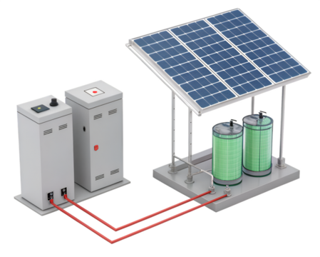 Solar panel setup connected to battery on white background - Powered by Adobe