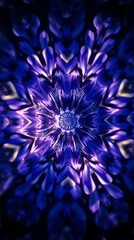 Fototapeta premium a mesmerizing kaleidoscope of Bluebells flower petals arranged in fractal symmetry, glowing softly against a deep indigo void, subtle prism refractions, created b y generative ai