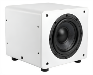 Minimalist white cube subwoofer with black speaker cone